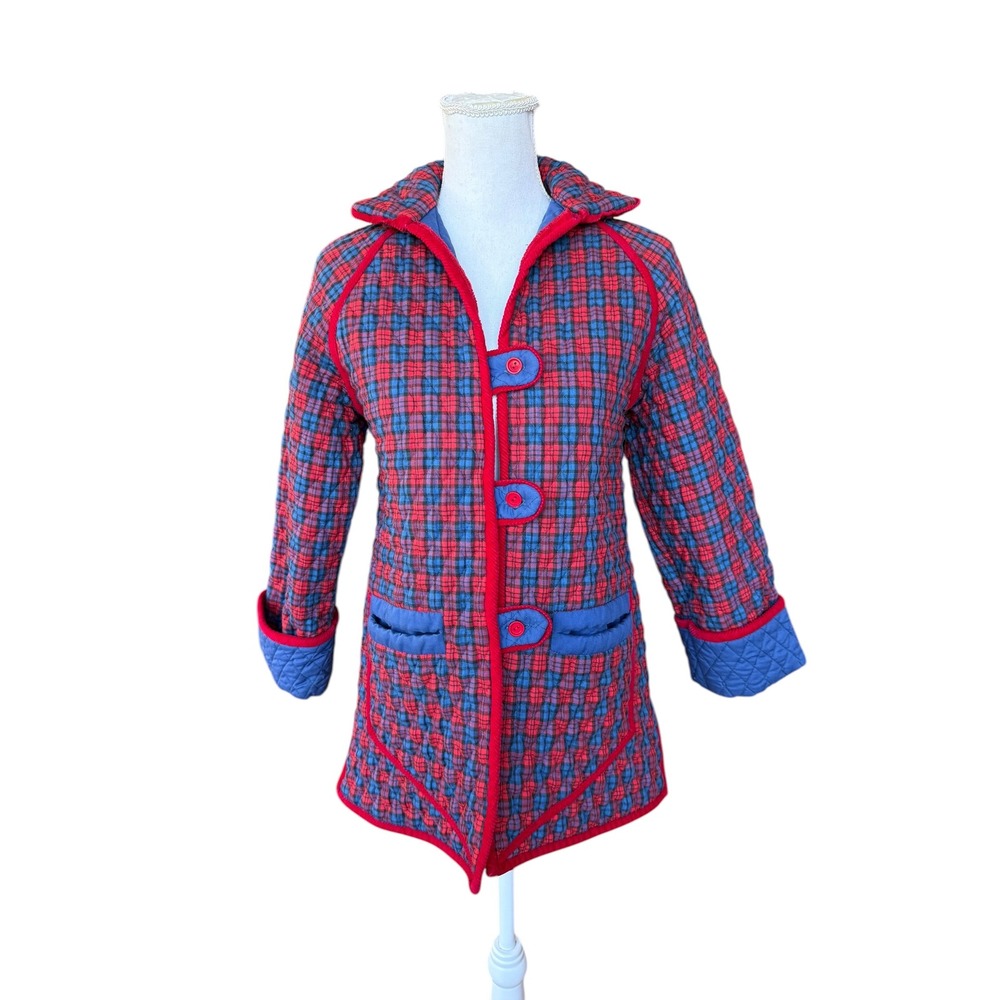 Vintage Boncior Quilted Plaid Jacket Red Blue Toggle Button Mid‎ Length Large